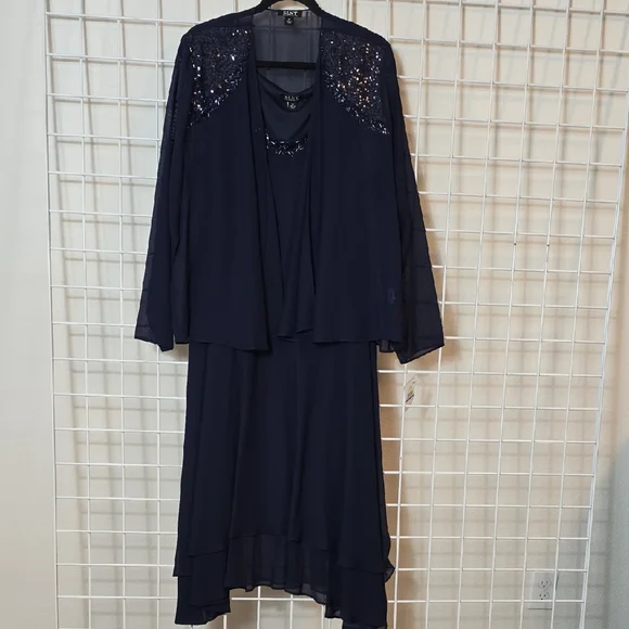 SLNY Navy Long 2 Piece Tank Dress And Long Sleeve Jacket with Sequin Detail 18 - Picture 1 of 10